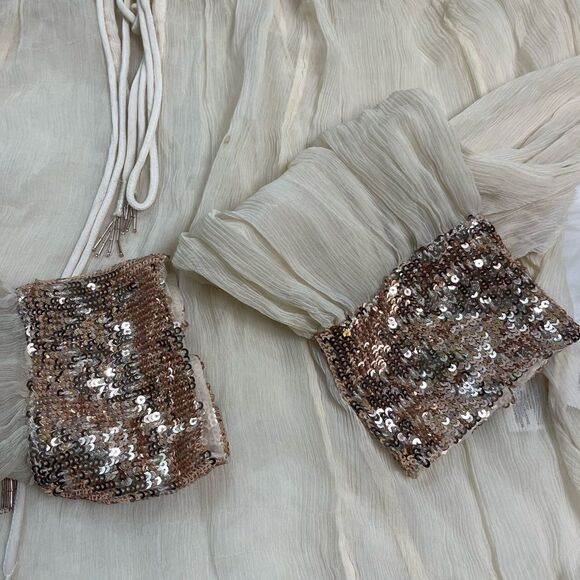 Free People sheer beige long sleeves blouse with gold sequins cuffs size Medium - Picture 13 of 15